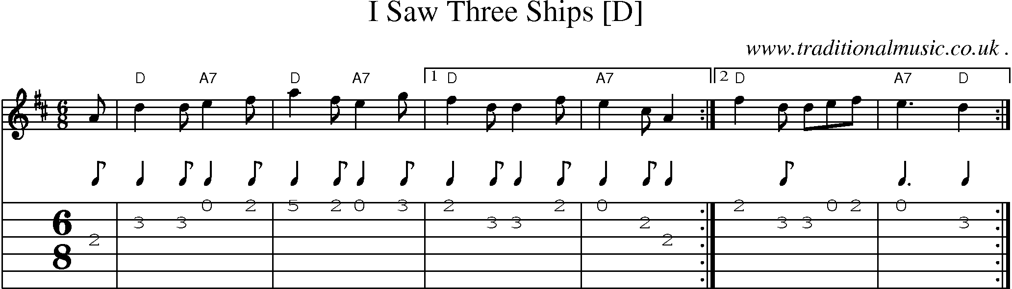 Sheet-music  score, Chords and Guitar Tabs for I Saw Three Ships [d]